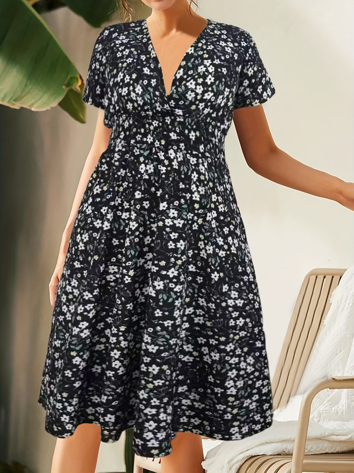Ditsy Print Short Sleeve Surplice Neck Midi Dress