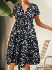 Ditsy Print Short Sleeve Surplice Neck Midi Dress