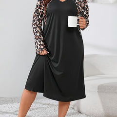 Leopard Print Raglan Long Sleeve V Neck Stretch Sleep Dress