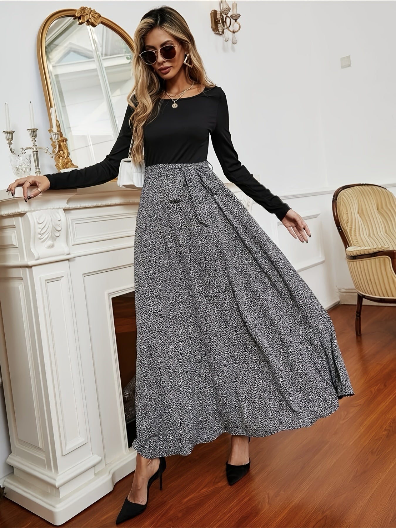Floral Print Belted Skirt High Waist Boho Style
