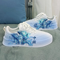 Men's Dragon Print Platform Sneakers Lace-up Skate Shoes