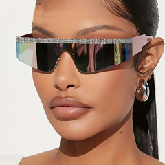 Y2K Rimless Wrap Around Sunglasses Rhinestone Gradient Lens UV400