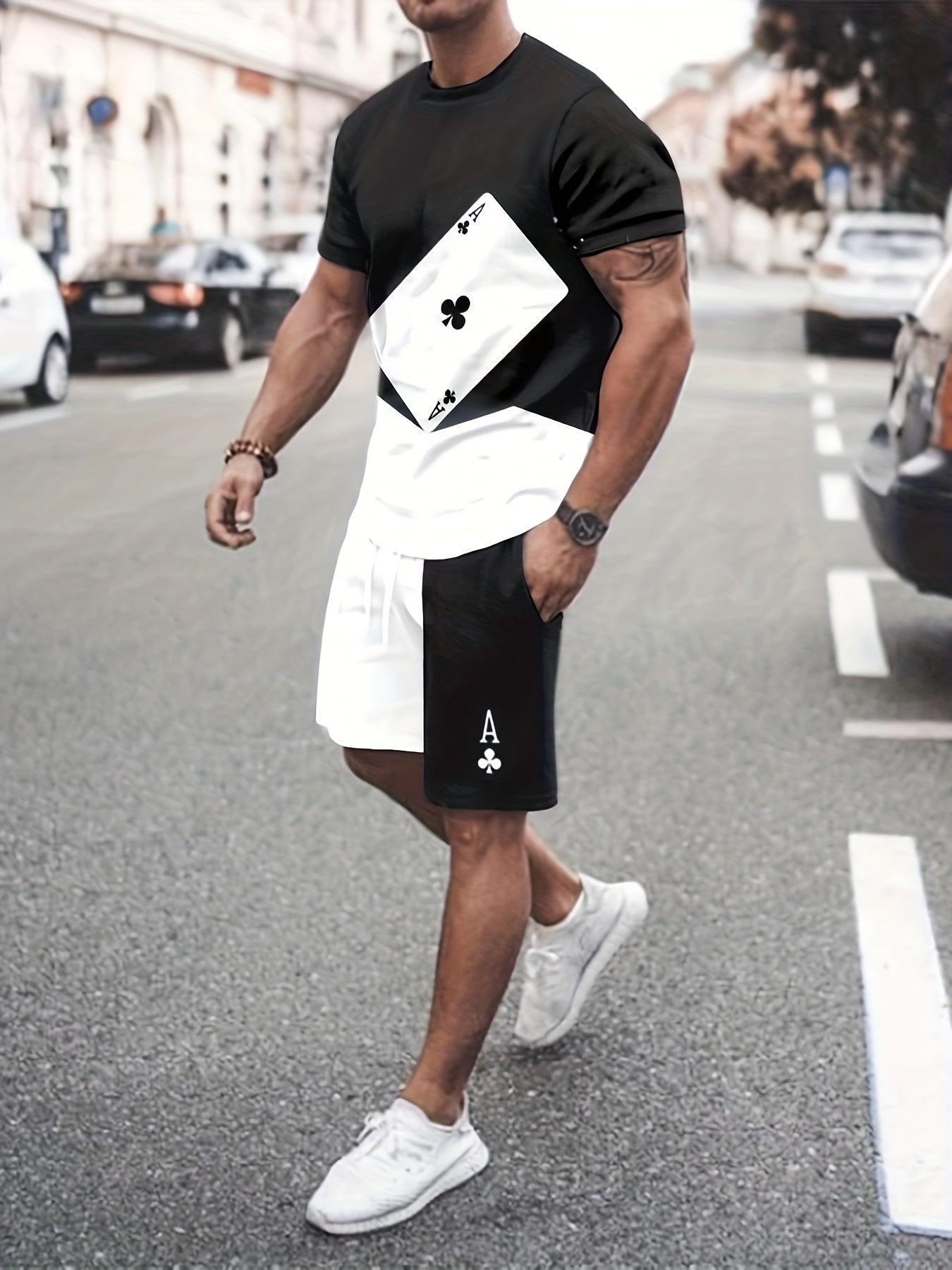 Poker Pattern Men's 2 Piece Outfits T-shirt & Drawstring Shorts Set