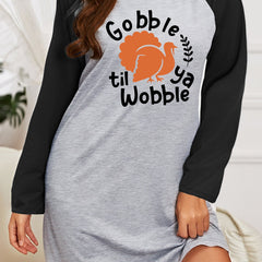 Funny Turkey & Letter Graphic Raglan Long Sleeve Plus Size Nightdress