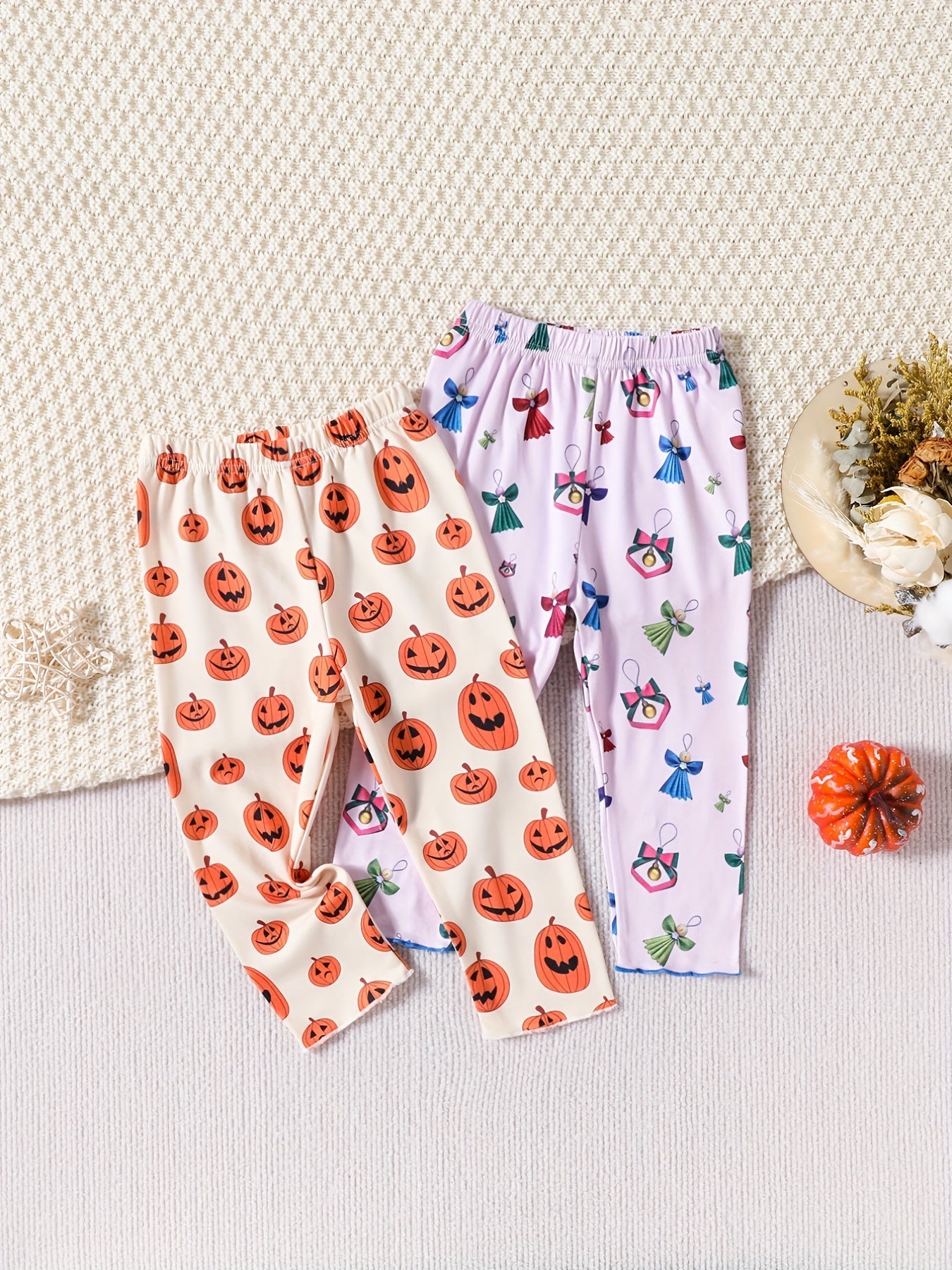 2pcs Pumpkin & Bell Print Cropped Leggings For Toddler Girls