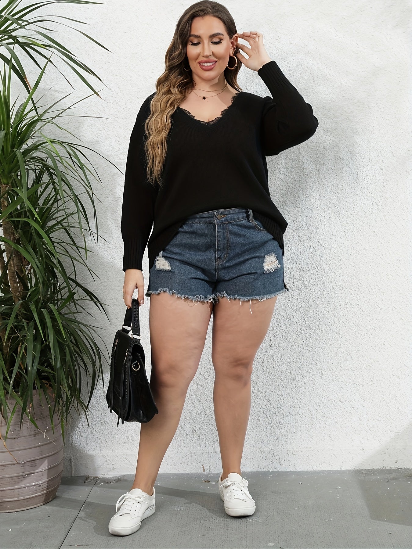 Lace Long Sleeve V Neck Jumper