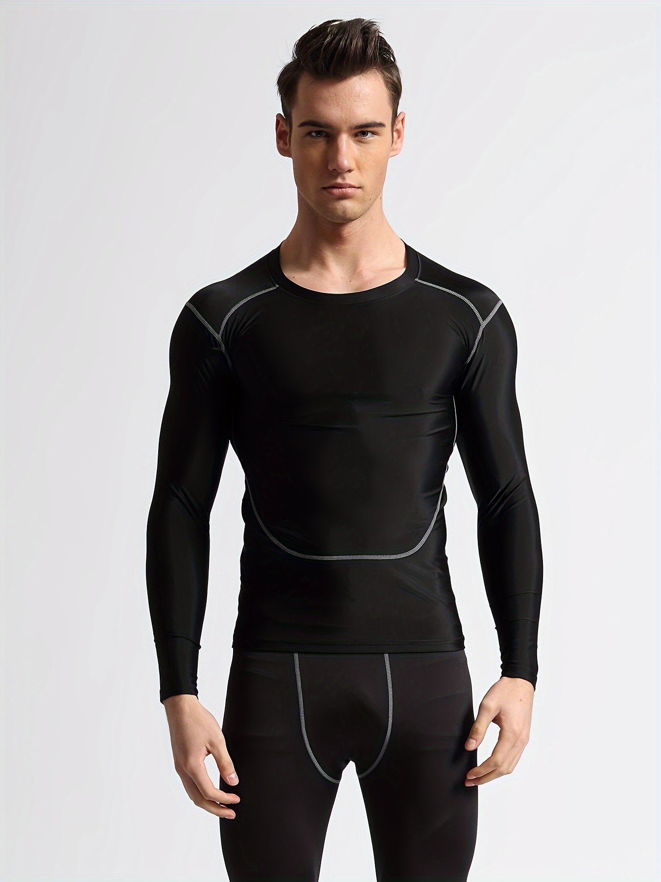 Men's Solid Compression Shirt High Stretch Crew Neck Top