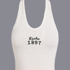 Embroidered Halter Top Sexy Crew Neck Summer Sleeveless Top