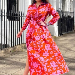 Floral Print Button Up Long Sleeve A-line Dress With Belt
