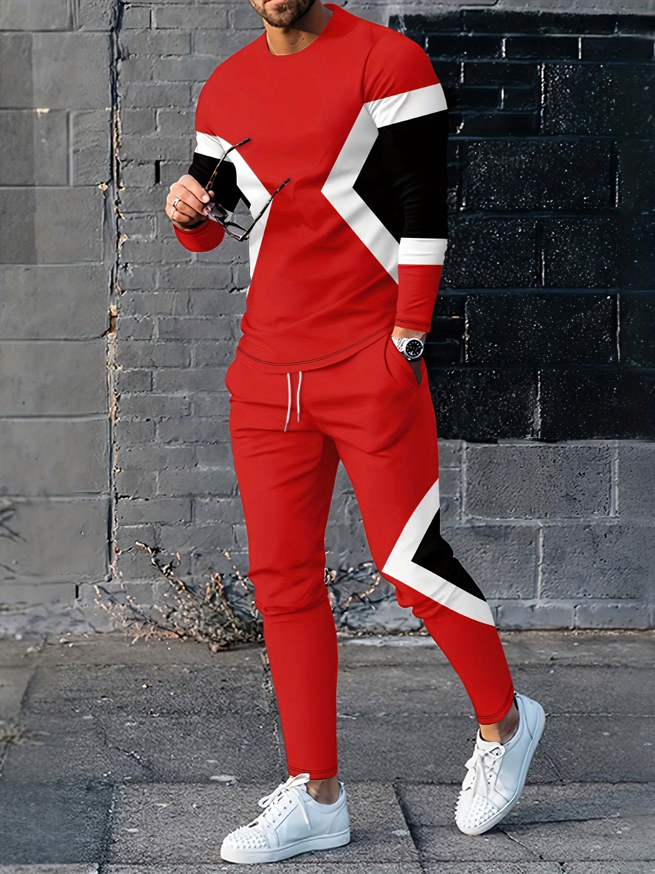 Men's Block Print 2-Piece Outfit: Sweatshirt & Sports Trousers