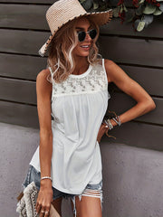 Lace Stitching Tank Top Solid Crew Neck
