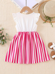Toddler Girls Ruffle Trim Cartoon Graphic Rabbit Striped Princess Dress
