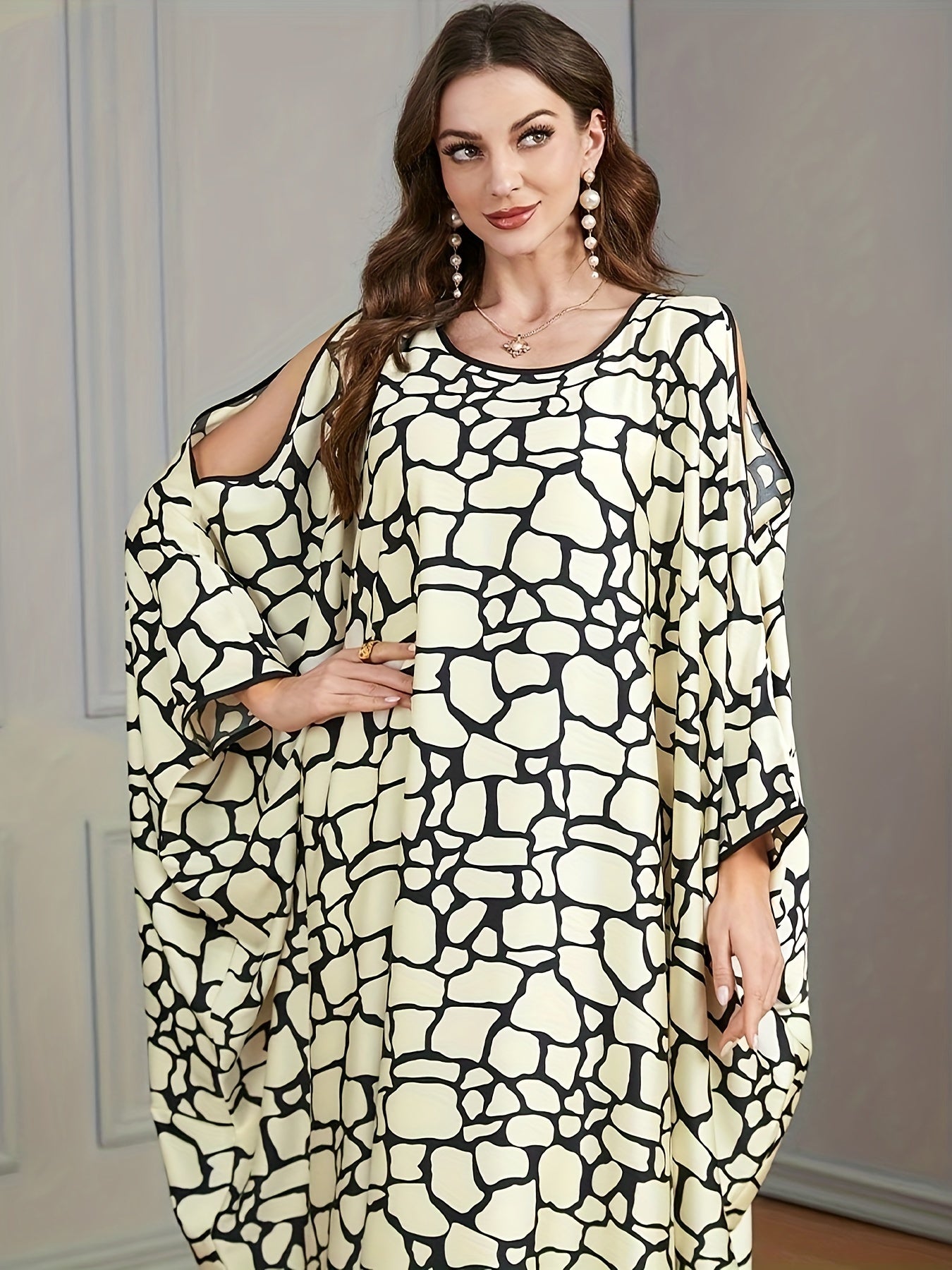 Plus Size Casual Kaftan Dress Women's Plus Allover Print Cold Shoulder