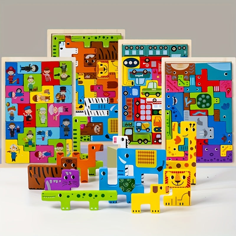 Wooden Animal & Traffic Building Block Puzzle Set with Recognition Board