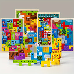 Wooden Animal & Traffic Building Block Puzzle Set with Recognition Board