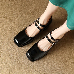 Chunky Heeled Mary Jane Square Toe Double Buckle Strap Mid Heels Patent Leather