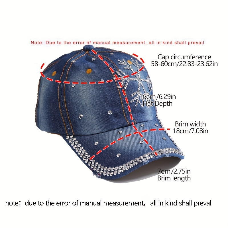 Snowflake Rhinestone Baseball Cap Distressed Denim Hat Y2K Sports Hat