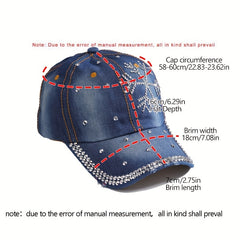 Snowflake Rhinestone Baseball Cap Distressed Denim Hat Y2K Sports Hat