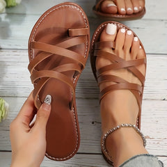 Women's Toe Loop Slide Sandals Cross Strap Slip On Flats Beach Shoes