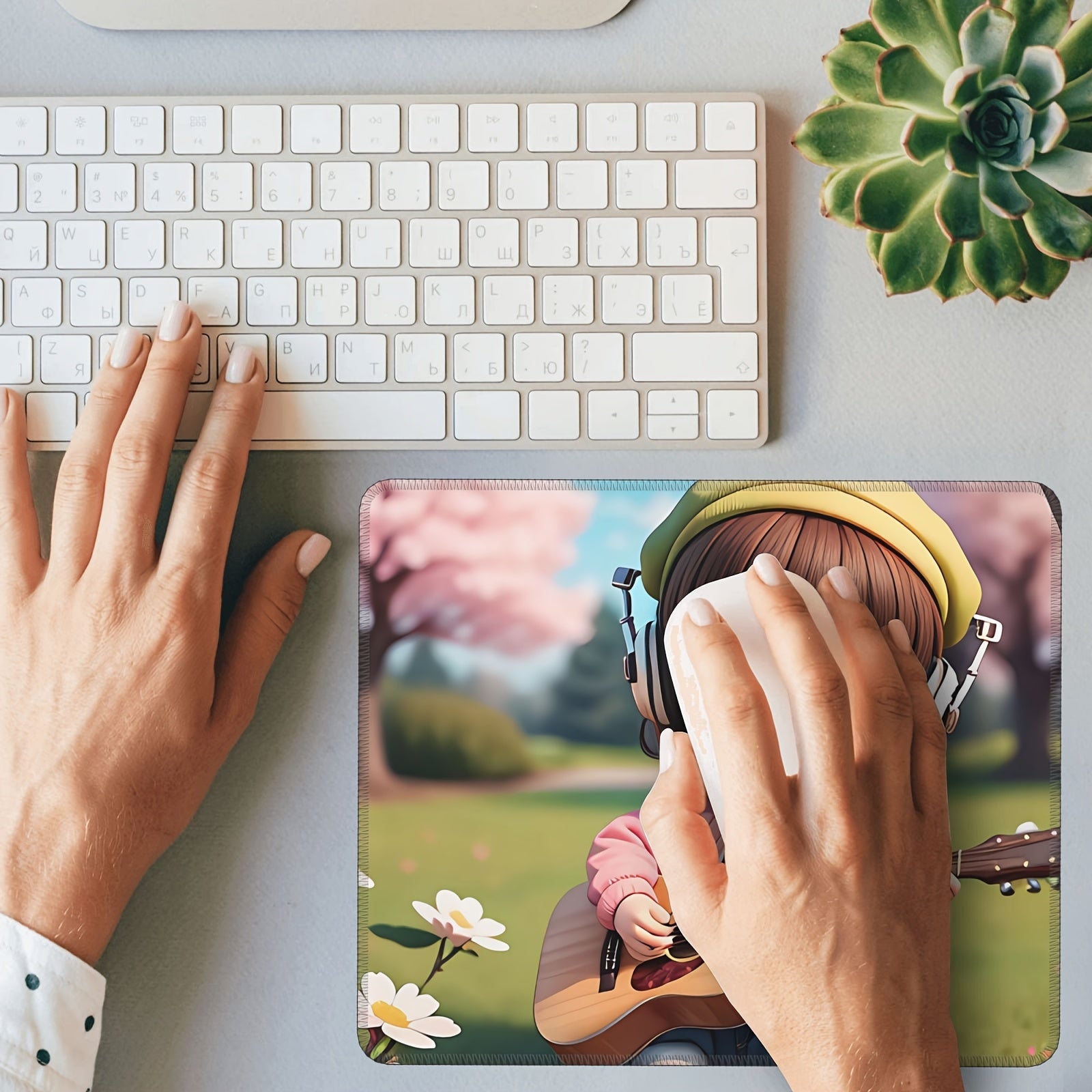 Guitar Girl Pattern Mouse Pad 24x20cm Non-slip Rubber Stitched Edge