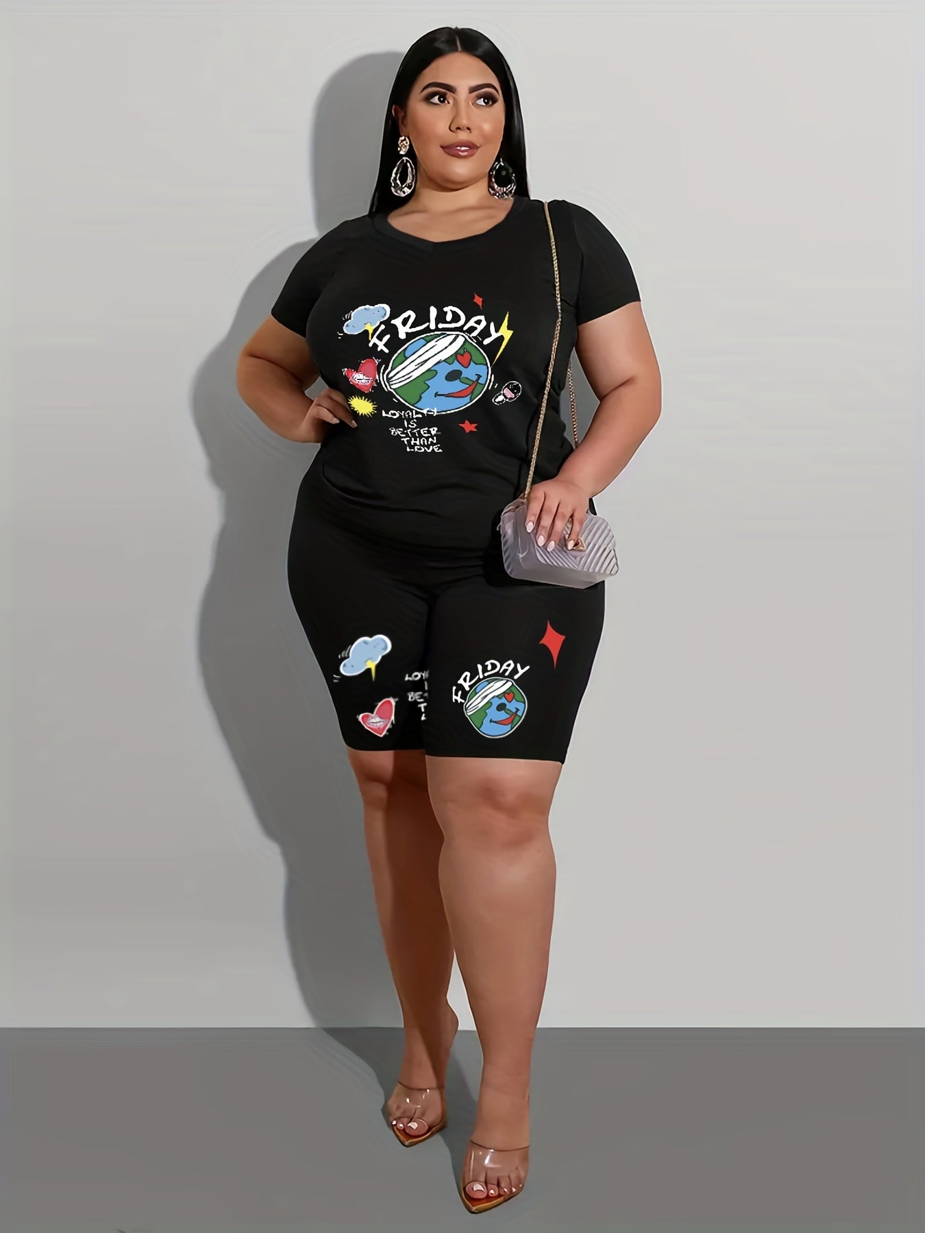 Women's Plus Letter & Graphic Print V Neck Top & Shorts Outfits 2 Piece Set