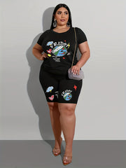 Women's Plus Letter & Graphic Print V Neck Top & Shorts Outfits 2 Piece Set