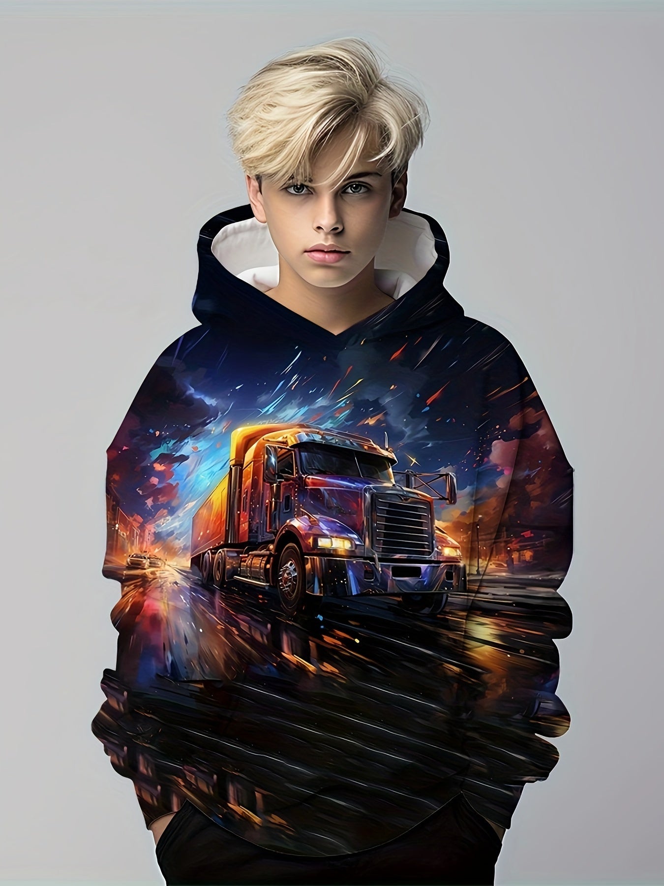 3D Truck Print Hoodie For Kids Casual Pullover Hooded Long Sleeve Top