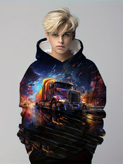 3D Truck Print Hoodie For Kids Casual Pullover Hooded Long Sleeve Top