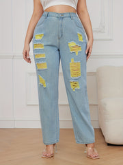 Colorblock Button Fly High Rise Ripped Jeans