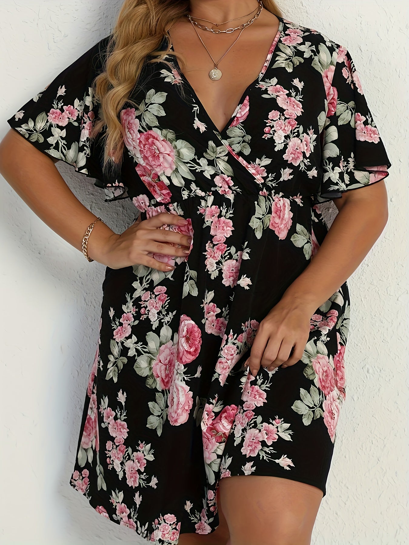 Floral Print Ruffle Sleeve Plus Size Boho Dress
