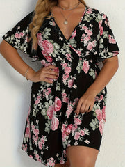 Floral Print Ruffle Sleeve Plus Size Boho Dress