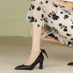 Pearl Chain Block Heel Dress Pumps with Bowknot