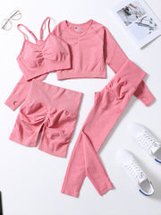 4pcs Women's Yoga Fitness Set Sleeveless Sports Bra Long Sleeve Thumb Hole Shirt