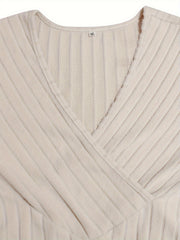 Casual Sweater Solid Ribbed Long Sleeve Surplice Neck Jumper