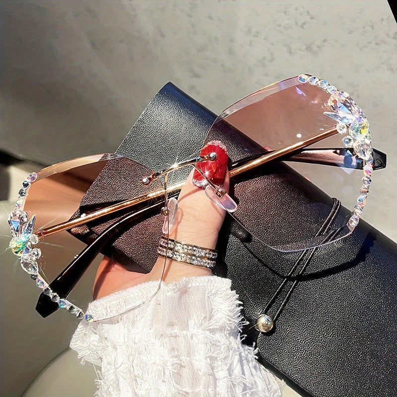 Rhinestone Rimless Sunglasses Gradient UV400 Beach Party Glasses