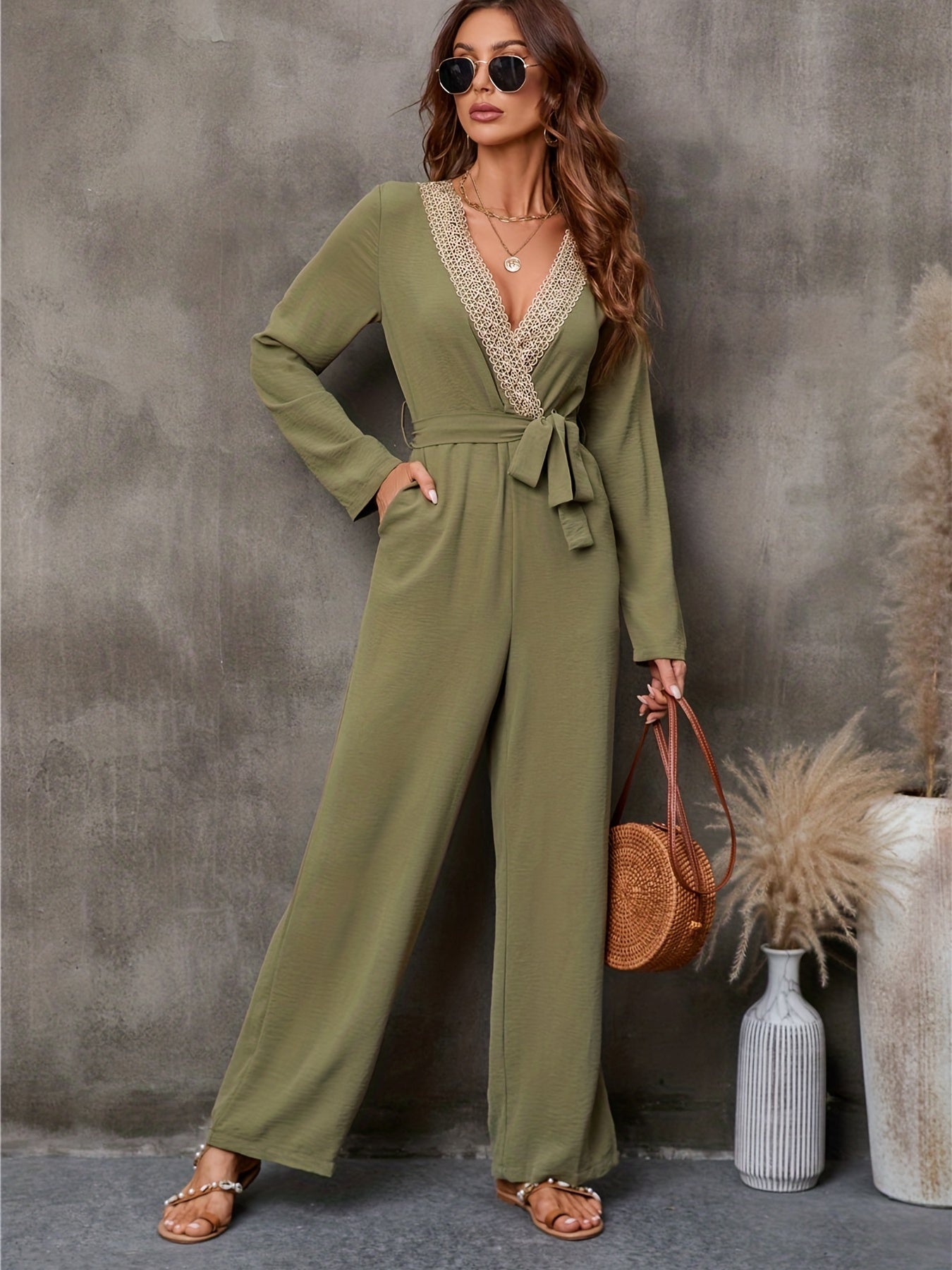 Lace V Neck Jumpsuit Long Sleeve Belted