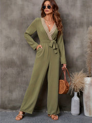 Lace V Neck Jumpsuit Long Sleeve Belted