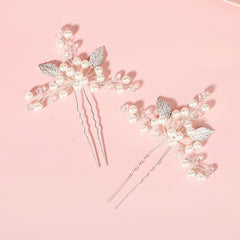 2pcs Silver Pearl Bridal Hair Pins Leaf Hair Accessories