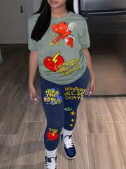 Casual Two Piece Set: Slogan Graphic Print Crop Top & Leggings Outfits