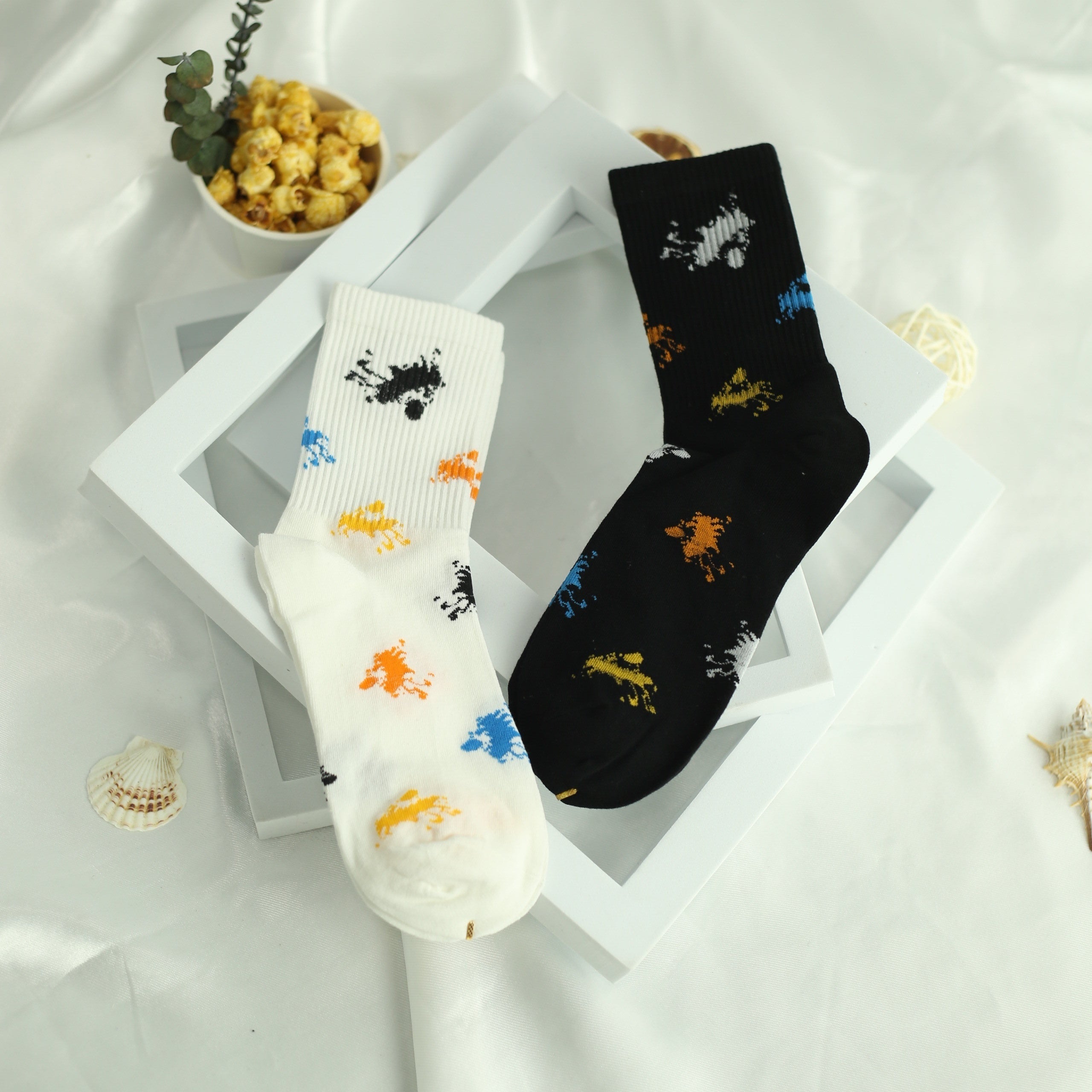 Men's Ink Pattern Crew Socks x2 Breathable Street Style Outdoor Wear