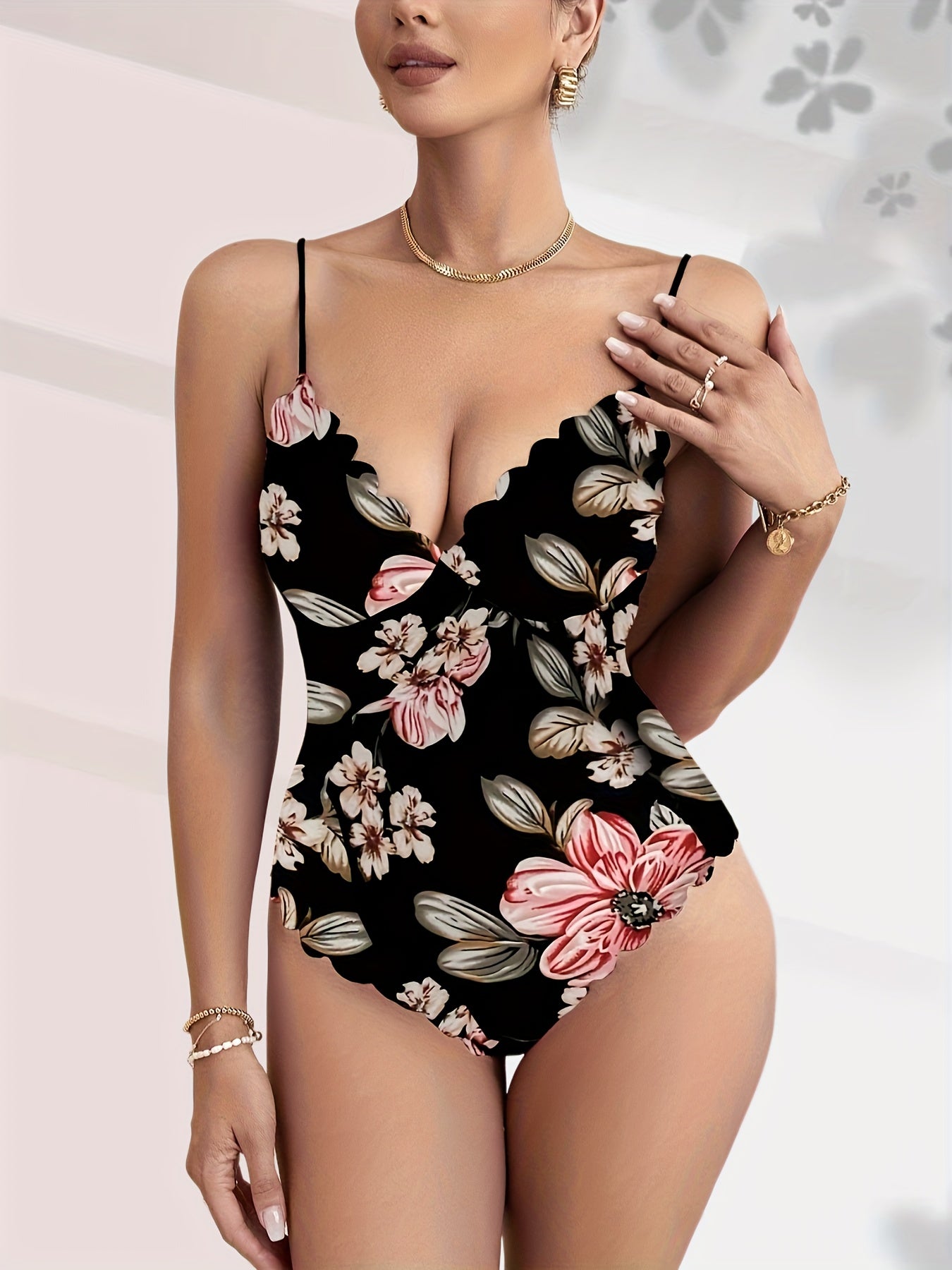 Floral Print V neck Cami Bodysuit Sexy Scallop Trim