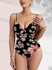 Floral Print V neck Cami Bodysuit Sexy Scallop Trim