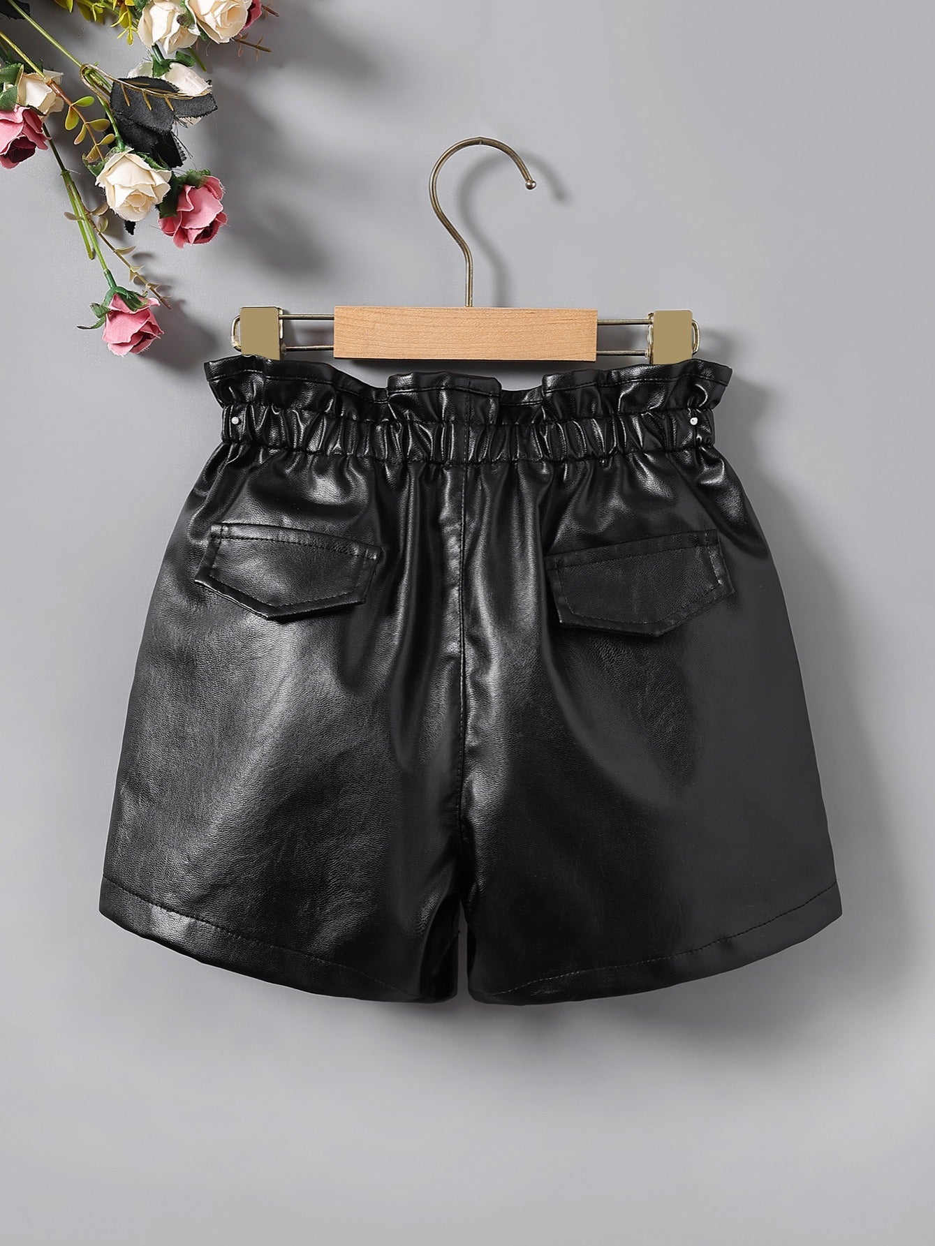 Girls High Waist Ruffles PU Leather Button Shorts