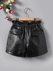 Girls High Waist Ruffles PU Leather Button Shorts