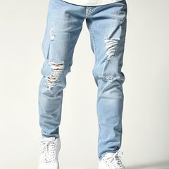 Men's Slim Fit Ripped Jeans - Distressed Denim Pants for Spring