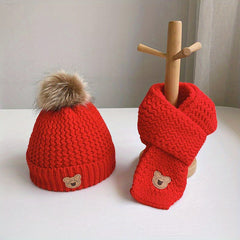 Kids Bear Woolen Hat Scarf Set Winter Warm Plus Velvet