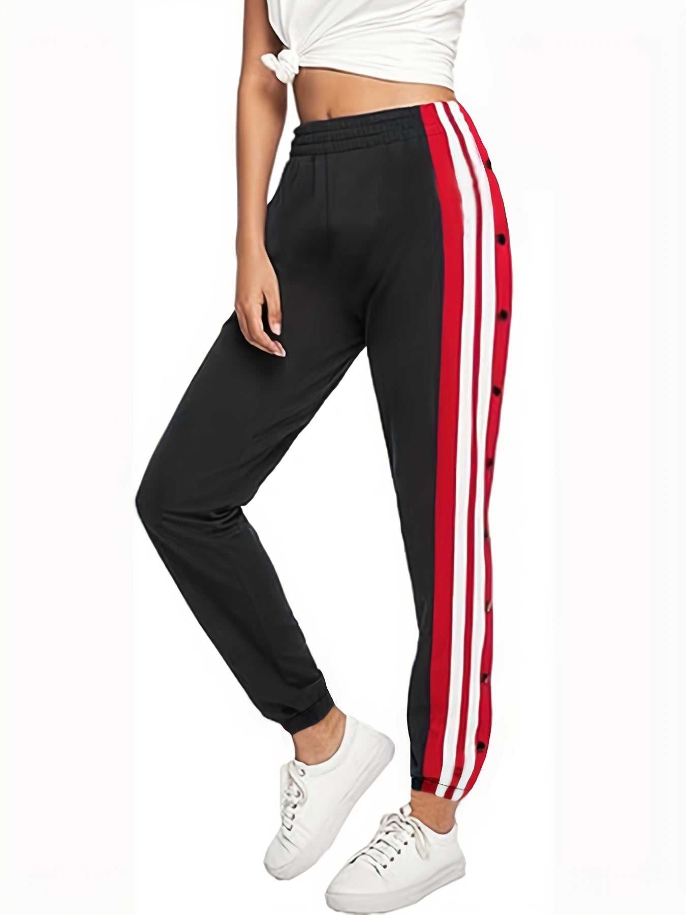 Colorblock Stripe Print Button Elastic Pants