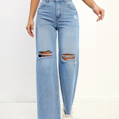 Frayed Trim Straight Jeans Boyfriend Style Wide Legs