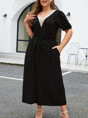 Contrast Lace Short Sleeve V Neck Belted Dress