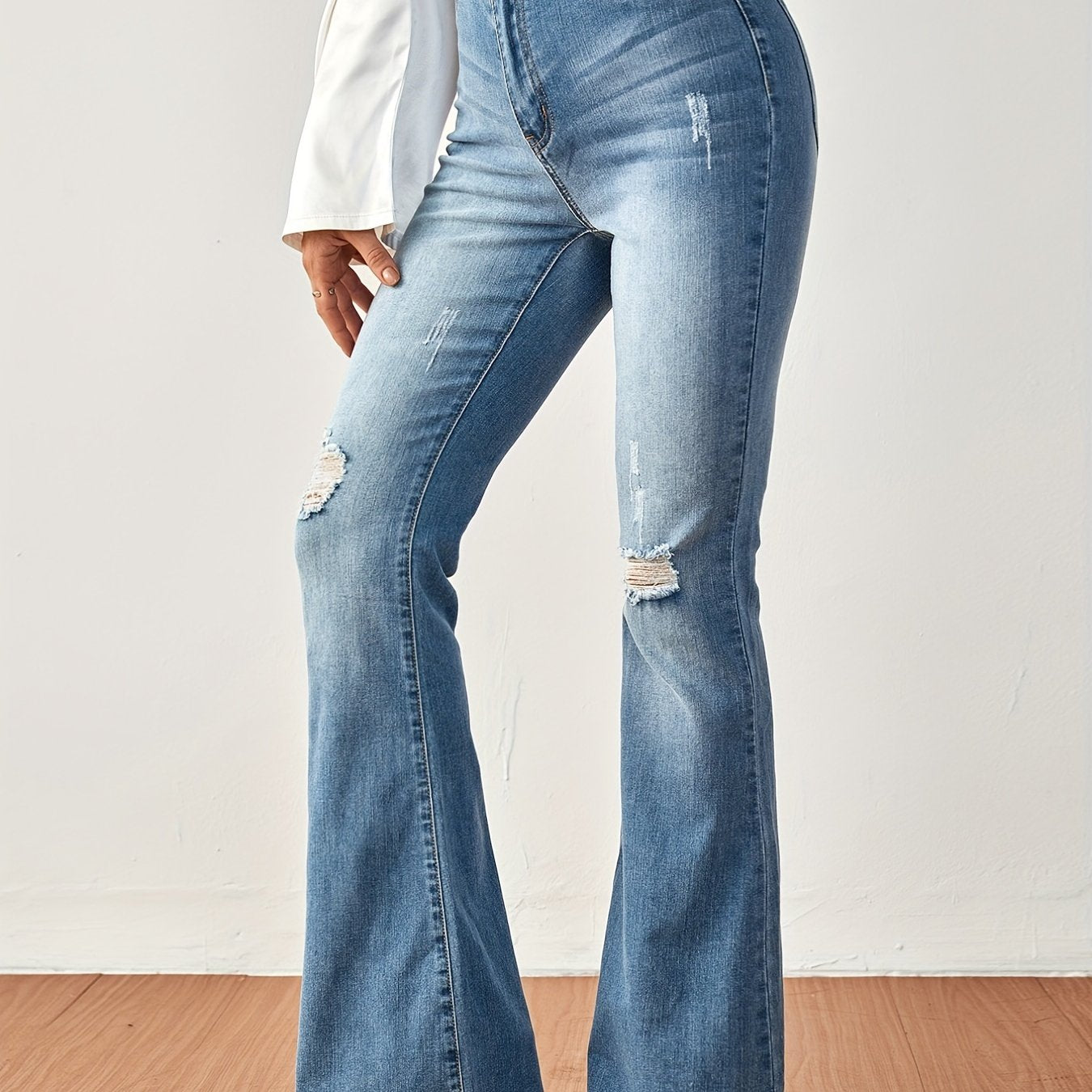 Ripped Flared Jeans Wide Legs Bell Bottom Slash Pockets Casual Denim Pants